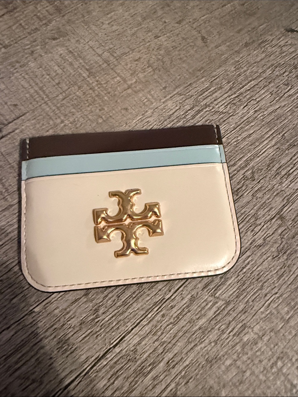 Tory Burch Cream, Light Blue & Brown Colorblock Leather Card Case